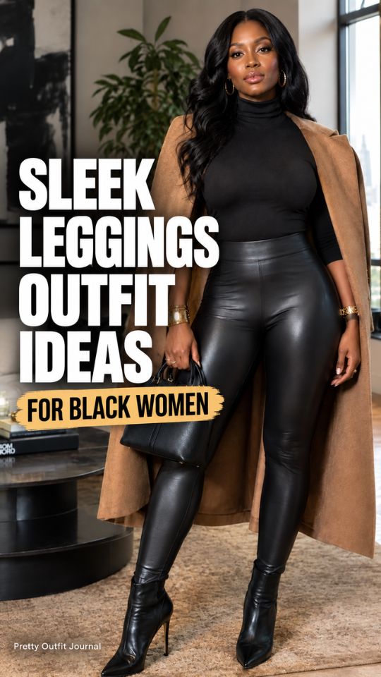 A woman wears a black top, black leather leggings with a camel long coat, ankle boots, for leggings outfit for black women