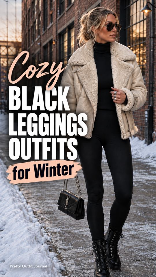 A woman wears a black top with a beige jacket, boots, and black leggings outfits for winter