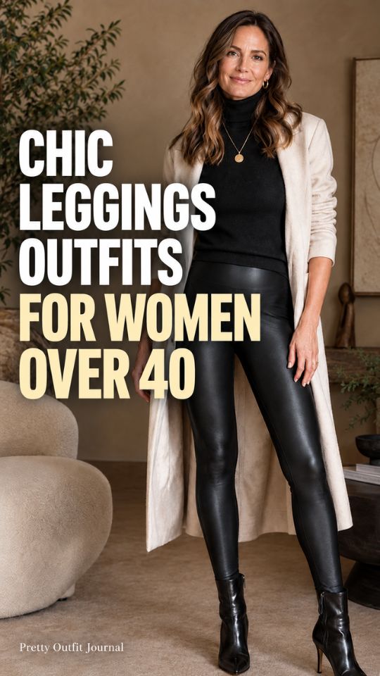 A woman wears a black top with black leggings, ankle boots, and hoop earrings for a chic leggings outfit for women over 40