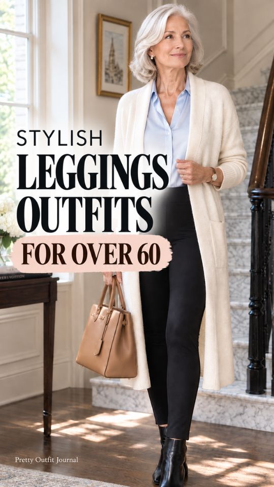 A woman wears a blue blouse with a ivory cardigan, black leggings, ankle boots, and a handbag for leggings outfit for women over 60