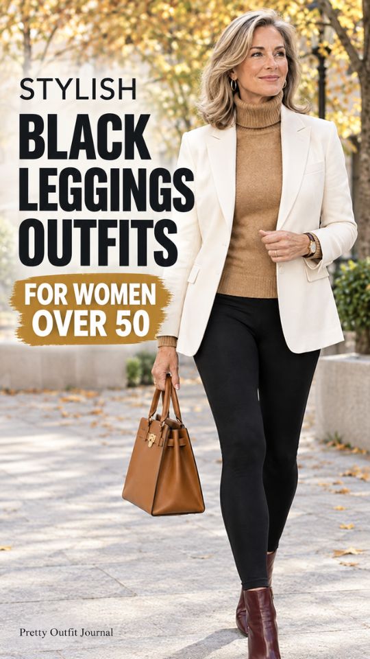 A woman wears a camel sweater with black leggings, ankle boots, and a handbag for a black leggings outfit for women over 50