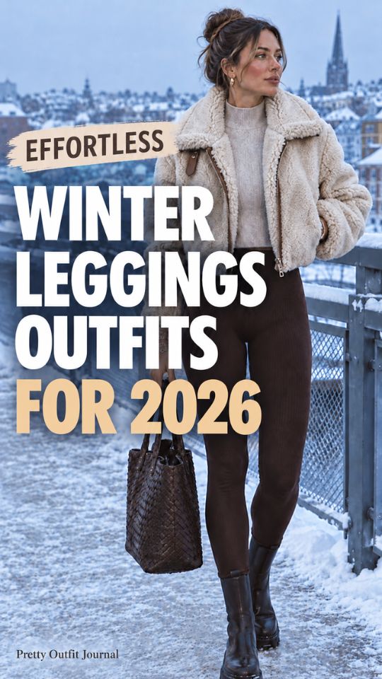 A woman wears a cream jacket with a cream sweater, boots, and a tote for a winter leggings outfit