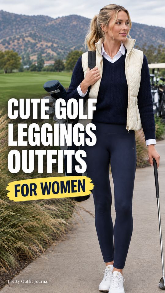 A woman wears a cream quilted vest over a navy sweater and white collared shirt with navy leggings and white sneakers, illustrating cute golf leggings outfits for women
