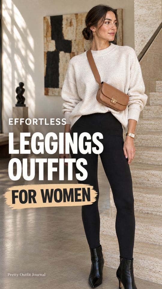 A woman wears a cream sweater, black leggings, black pointed ankle boots, and a tan crossbody bag, illustrating leggings outfits for women