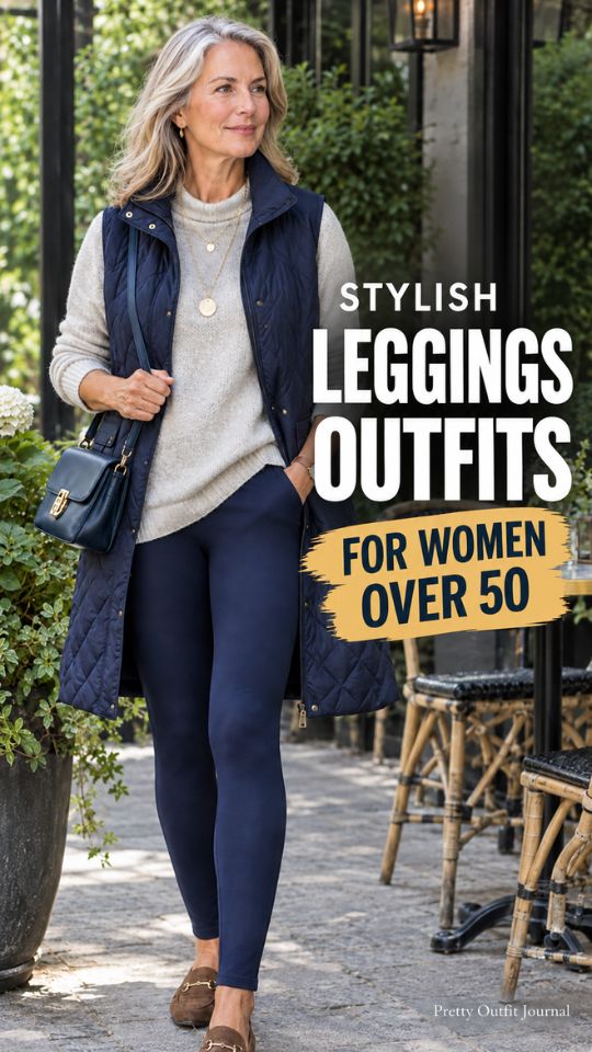 A woman wears a cream sweater, quilted navy vest, navy leggings, brown loafers, and a handbag in a polished leggings outfit for women over 50