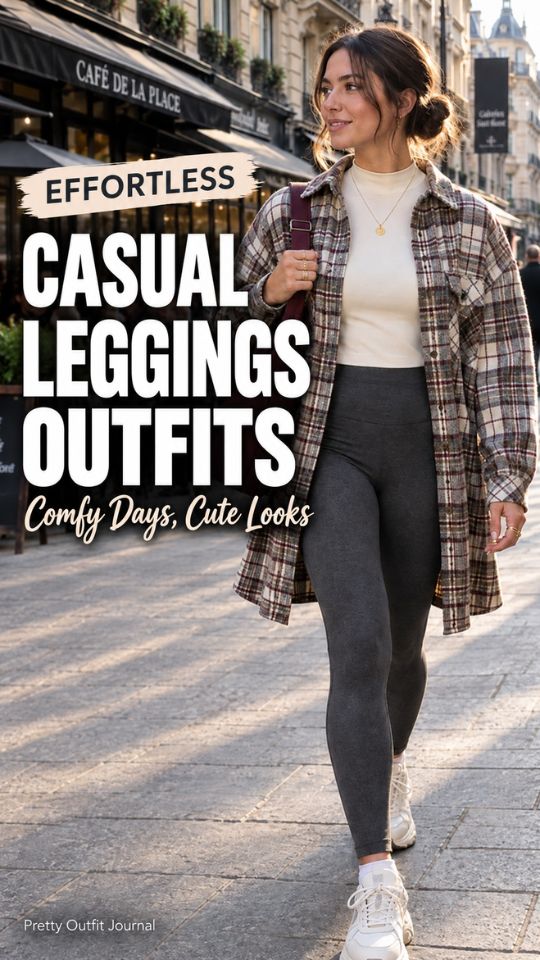 A woman wears a ivory top with gray leggings, sneakers, and a bag for a casual leggings outfit