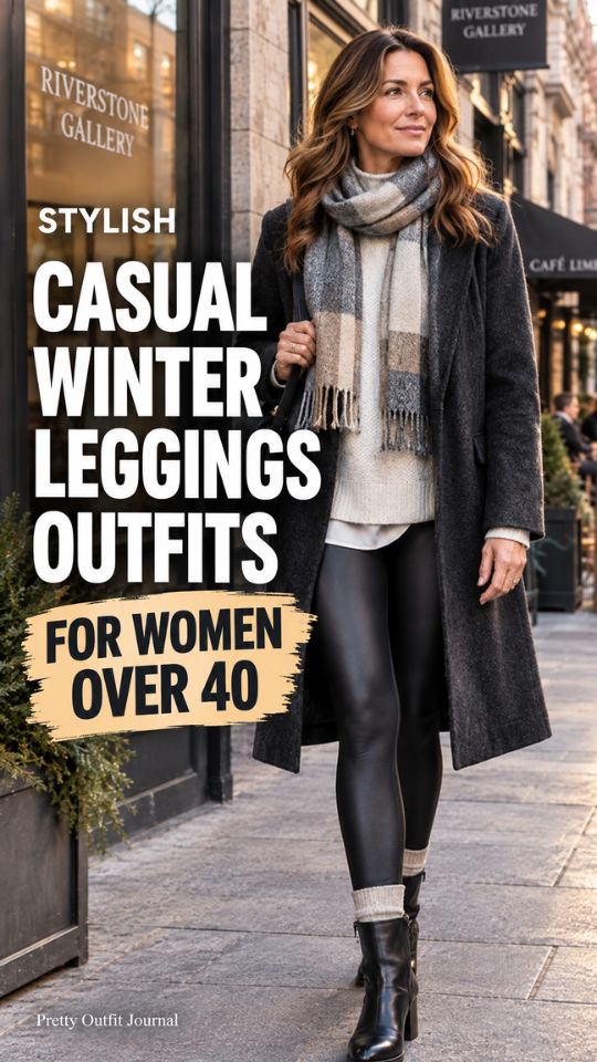 A woman wears a long coat with a white sweater, boots, and a scarf for a casual winter leggings outfit for women over 40