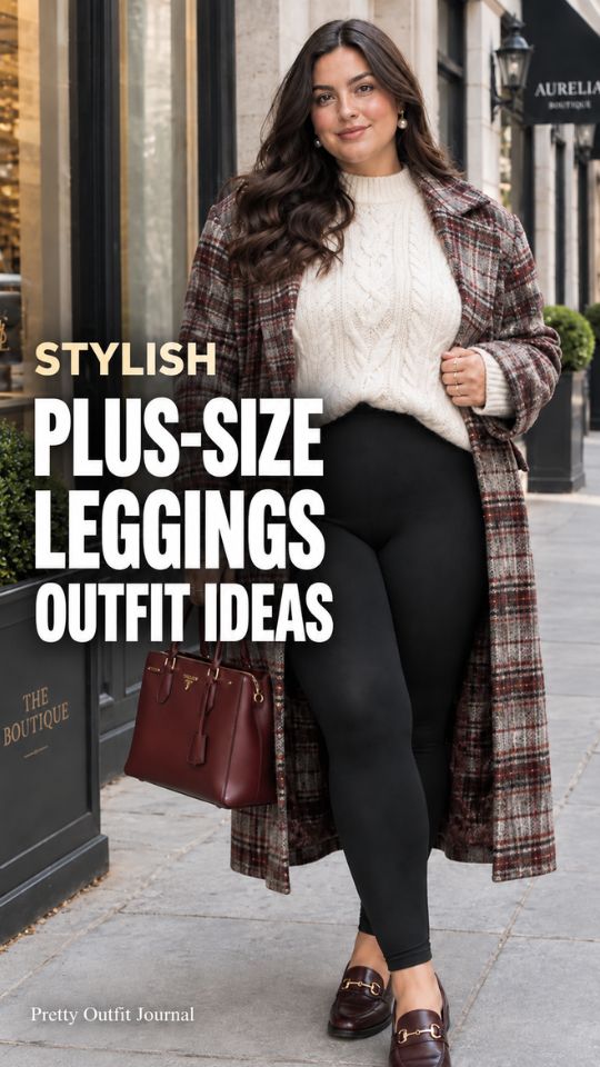 A woman wears a long plaid coat over a cream sweater with black leggings, burgundy loafers, and a matching handbag, illustrating plus-size leggings outfit ideas