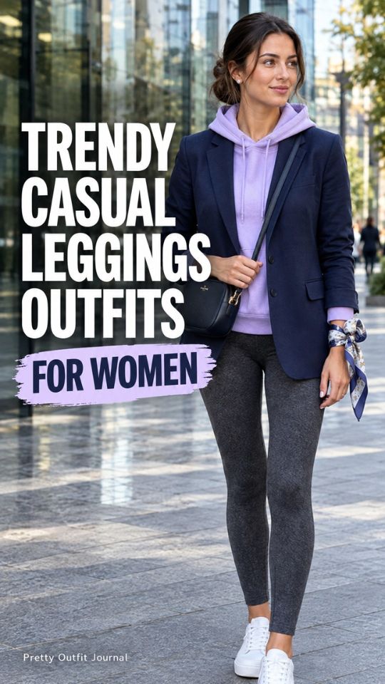 A woman wears a navy blazer over a lavender hoodie with dark leggings, white sneakers, a crossbody bag, and a patterned wrist scarf, showing a trendy casual leggings outfit for women