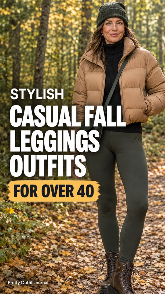 A woman wears a tan jacket with a black sweater, ankle boots, and a bag for a casual fall leggings outfit for women over 40