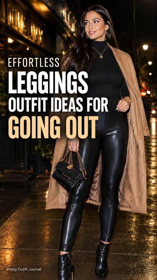 A woman wears black leggings with a black top, leather leggings, tan long coat, ankle boot, illustrating leggings outfit for going out
