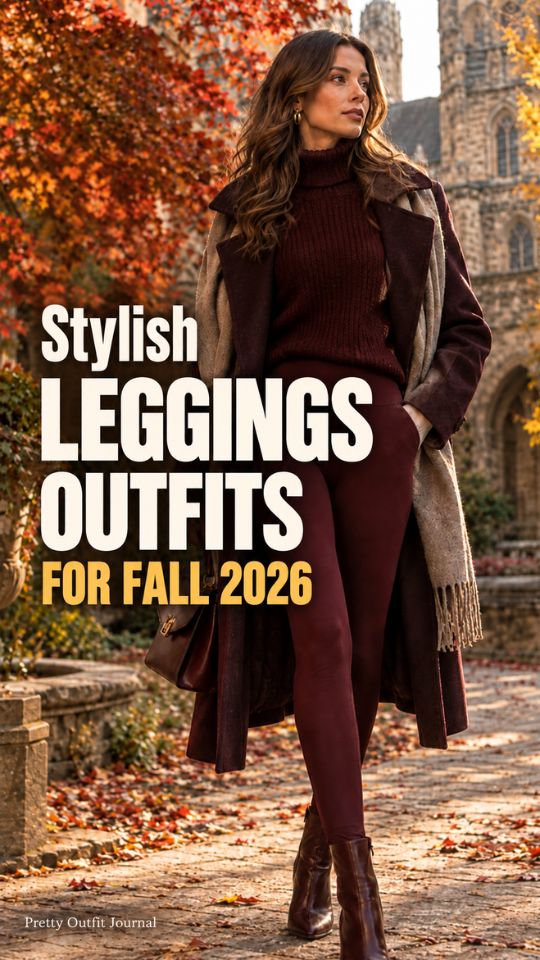 A woman wears burgundy leggings with a matching sweater, long dark coat, taupe scarf, ankle boots, and a shoulder bag, illustrating Fall Leggings Outfit Ideas