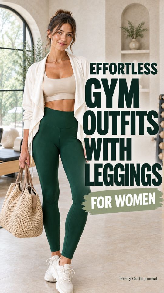 A woman wears dark green leggings, a beige cropped top, a white open jacket, white sneakers, and a woven tote for women’s gym outfit with leggings