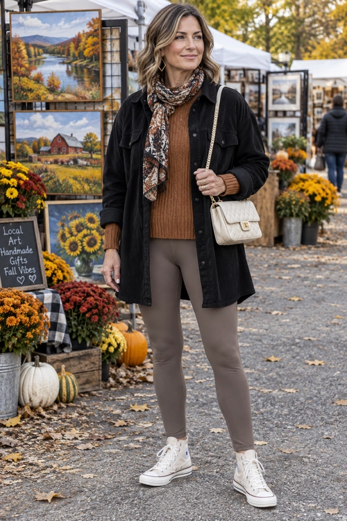 A casual autumn outfit featuring a black overshirt, brown ribbed sweater, taupe leggings, patterned scarf, white high-top sneakers, and a cream shoulder bag.