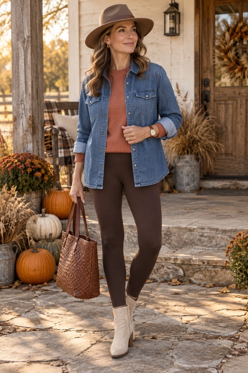 Woman wearing a brown fedora, denim shirt jacket, rust sweater, brown leggings, cream ankle boots, and a woven brown tote bag.