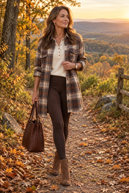 A woman wears a long brown plaid overshirt over a cream button-front top with dark brown leggings, tan ankle boots, and a woven brown tote on a wooded path.