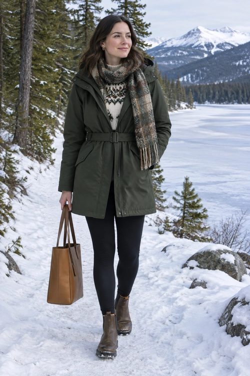 A winter outfit featuring a dark olive belted parka, patterned cream sweater, plaid scarf, black slim pants, brown ankle boots, and a tan tote bag.