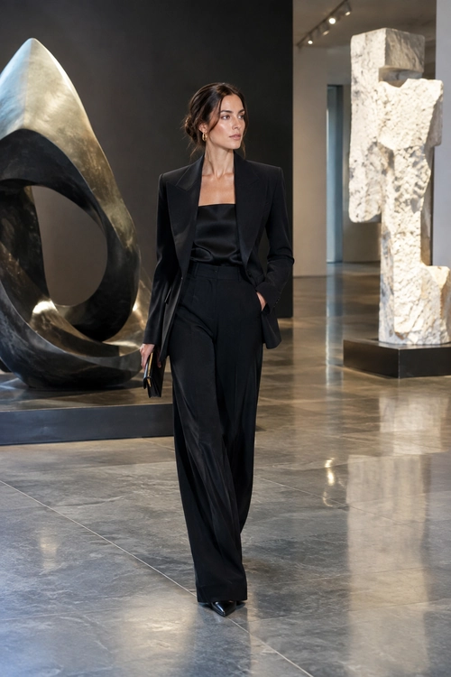 A black tailored blazer, strapless top, and wide-leg trousers are styled with pointed black shoes, gold earrings, and a small clutch.