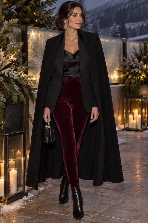 A woman wears a long black cape-style coat over a black satin camisole with burgundy velvet trousers and black ankle boots.