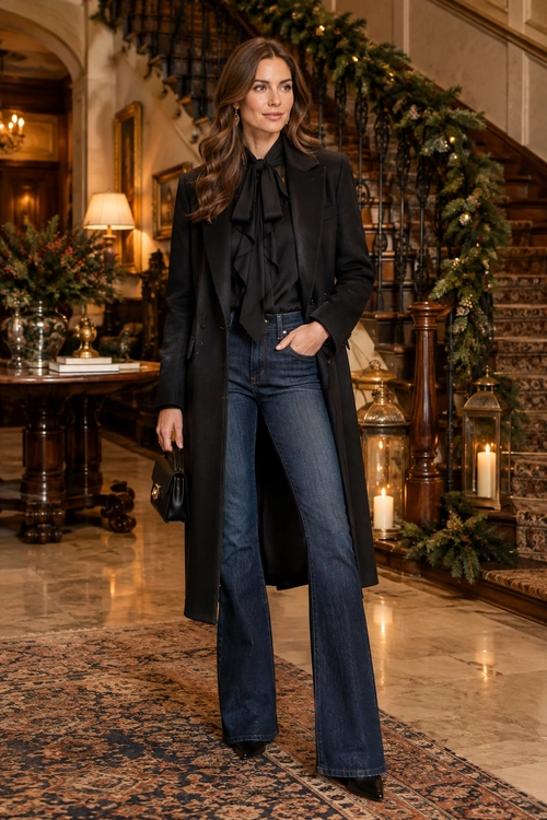 A long black coat and bow-neck blouse are styled with dark blue flared jeans, black shoes, and a small black handbag.