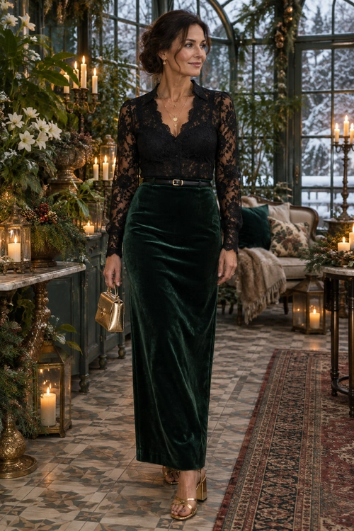 A black lace long-sleeve top and deep green velvet skirt are styled with a slim belt, gold jewelry, a small gold handbag, and gold sandals.