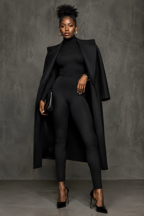 A woman wears a fitted black turtleneck top, black pants, a long draped coat, pointed heels, and carries a black clutch.