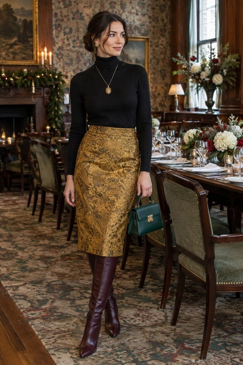 Black Turtleneck and Gold Brocade Skirt A black turtleneck is styled with a gold brocade midi skirt, burgundy knee-high boots, a teal handbag, and a pendant necklace.