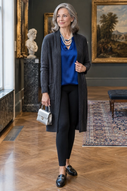Blue Blouse with Long Gray Cardigan A woman wears a royal blue blouse, long charcoal gray cardigan, black slim trousers, black loafers, layered necklaces, and carries a small silver handbag.