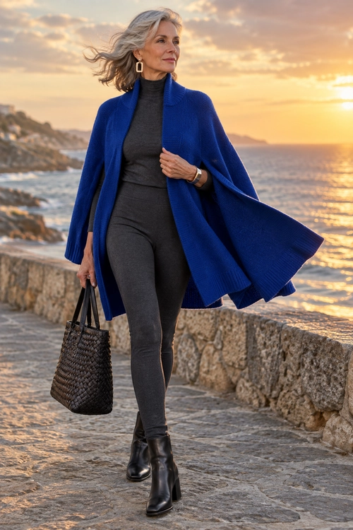 A woman wears a cobalt blue cardigan over a charcoal gray turtleneck outfit with black ankle boots and carries a woven black tote beside the sea.
