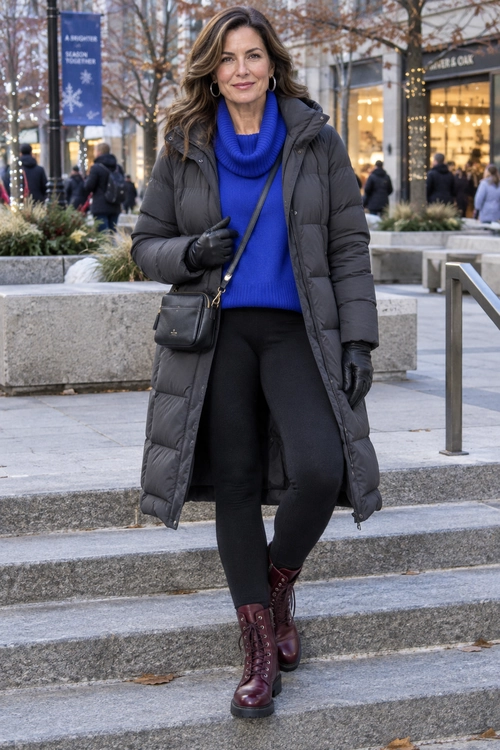 Woman wearing a bright blue turtleneck sweater, long charcoal puffer coat, black pants, gloves, crossbody bag, and burgundy lace-up boots outdoors.