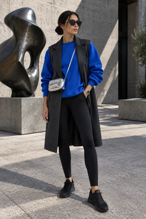 A woman wearing a bright blue sweatshirt, charcoal sleeveless long vest, black leggings, black sneakers, sunglasses, and a silver crossbody bag.