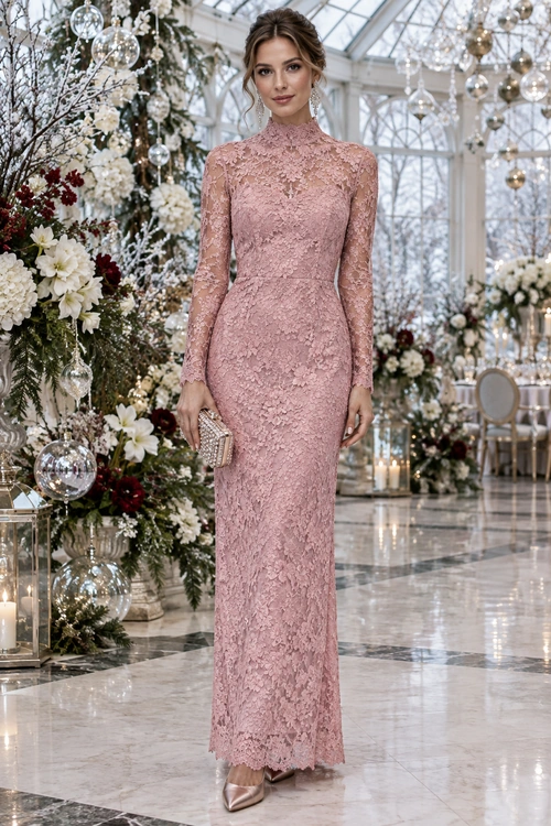 A woman wears a floor-length blush pink lace gown with long sleeves and a high neckline, paired with a metallic clutch and pointed heels.