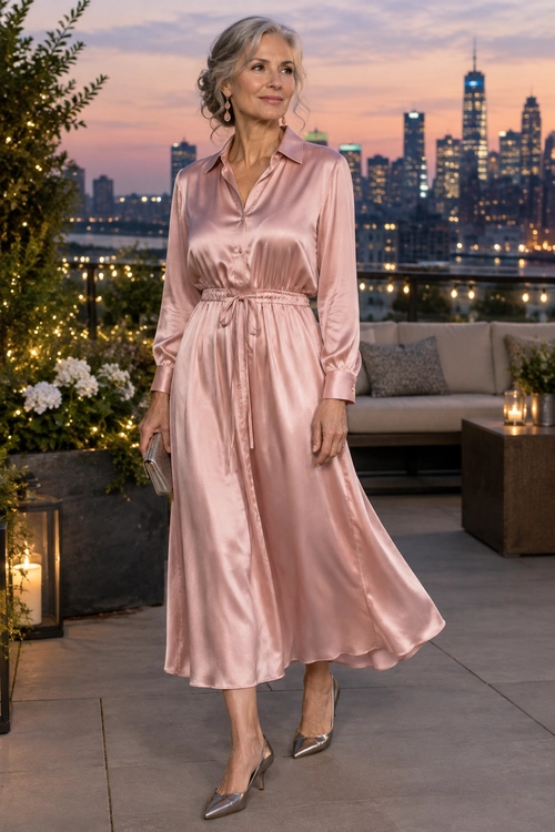 A blush pink satin shirt dress with a tie waist is styled with drop earrings, a small clutch, and metallic pointed-toe heels.
