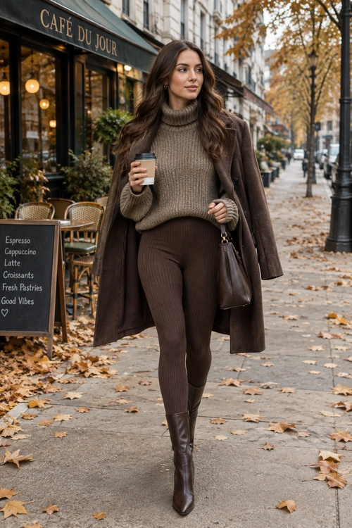 Woman wearing a brown long coat, taupe turtleneck sweater, ribbed brown pants, knee-high boots, and carrying a brown handbag outside a café.