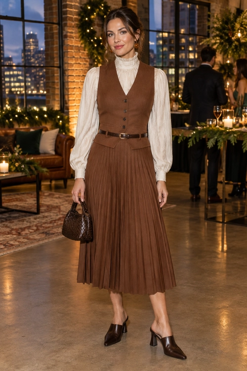 Brown Pleated Skirt Set with Ivory Blouse A brown button-front vest and pleated midi skirt are worn over an ivory high-neck blouse, with a slim belt, dark brown handbag, and heeled shoes.