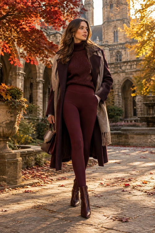 A woman wears a burgundy turtleneck sweater, matching fitted pants, a long dark coat, taupe scarf, ankle boots, and a shoulder bag.