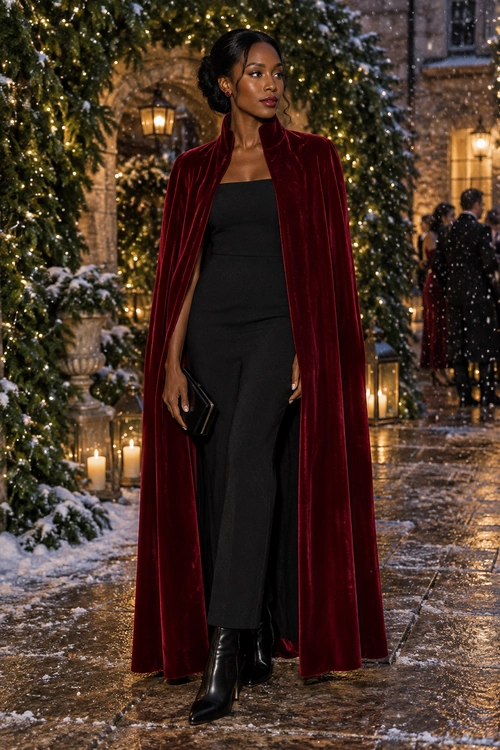 Burgundy Cape and Black Evening Dress A black strapless dress and ankle boots are paired with a long burgundy velvet cape and a small black clutch.