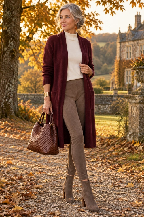 Burgundy Cardigan and Taupe Trousers A woman wearing a burgundy long cardigan over a cream turtleneck top with taupe trousers, taupe ankle boots, and a woven brown handbag.
