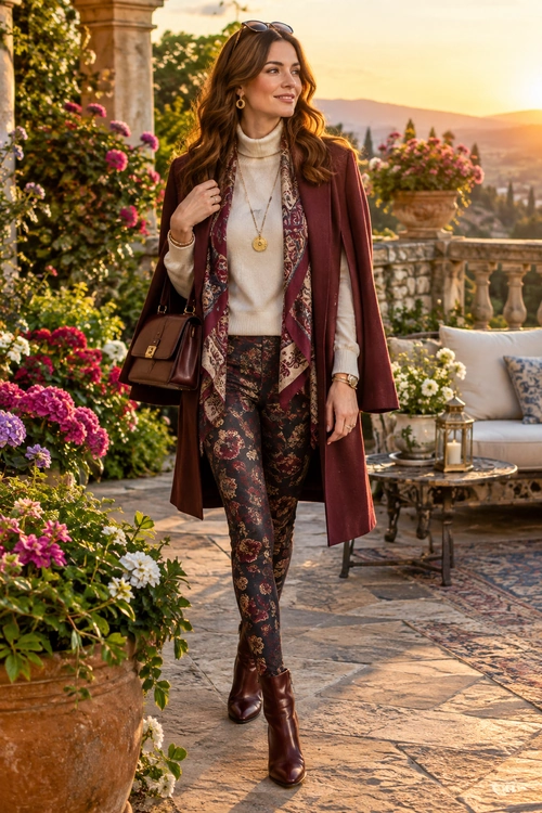 Burgundy Coat with Floral Trousers A woman wears a burgundy long coat over a cream turtleneck sweater, patterned scarf, floral trousers, and ankle boots.