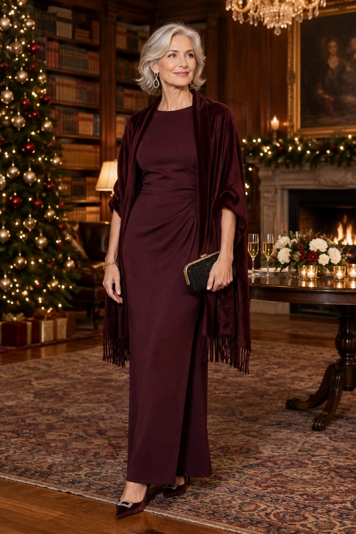 A floor-length burgundy dress is styled with a fringed velvet wrap, pointed heels, drop earrings, a bracelet, and a small black clutch.