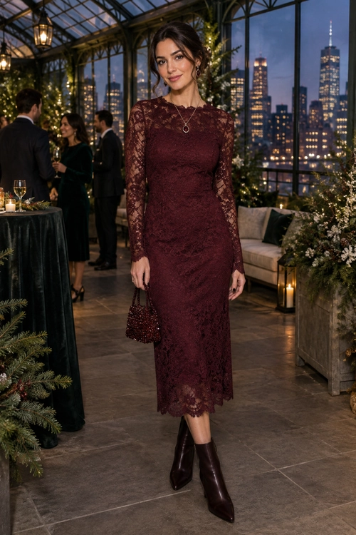 Burgundy Lace Evening Look A burgundy long-sleeved lace midi dress is styled with dark ankle boots, a beaded handbag, and delicate jewelry.