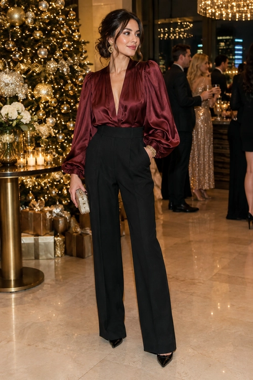 Burgundy Satin Blouse and Black Trousers A burgundy satin blouse with voluminous sleeves is tucked into high-waisted black wide-leg trousers, paired with pointed black heels and a metallic clutch.