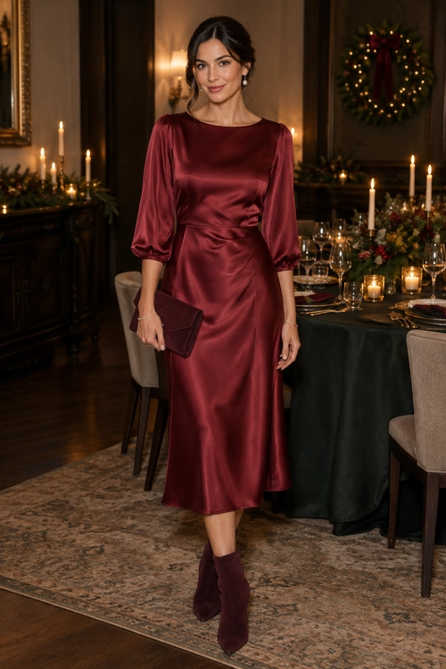 Burgundy Satin Evening Outfit A burgundy satin midi dress with gathered sleeves is styled with matching ankle boots, a clutch, and delicate jewelry.