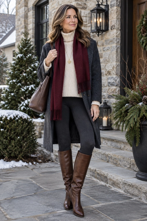 A winter outfit featuring a charcoal long coat, cream turtleneck sweater, burgundy scarf, dark slim pants, brown knee-high boots, and a brown shoulder bag.