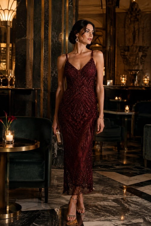 Burgundy Sequin Evening Dress A woman wears a burgundy sequin midi dress with gold strappy heels, dangling earrings, a bracelet, and a small metallic clutch.