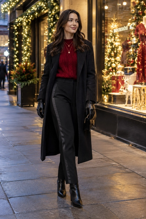Burgundy Sweater and Black Coat A burgundy knit sweater and black trousers are styled with a long black coat, gloves, ankle boots, gold necklaces, and a small handbag.