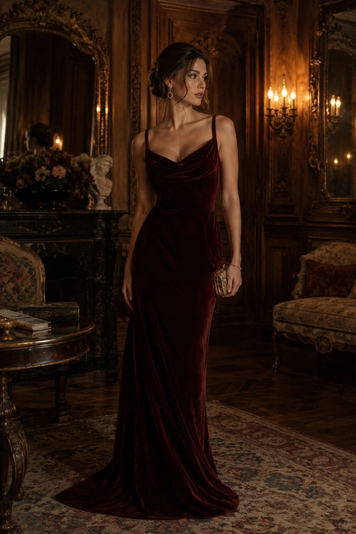 A floor-length burgundy velvet gown with thin straps and a draped neckline, styled with earrings and a small clutch.