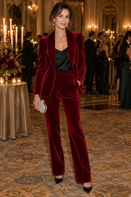 Burgundy Velvet Evening Suit A burgundy velvet blazer and wide-leg trousers worn with a satin camisole, silver heels, and a matching clutch.
