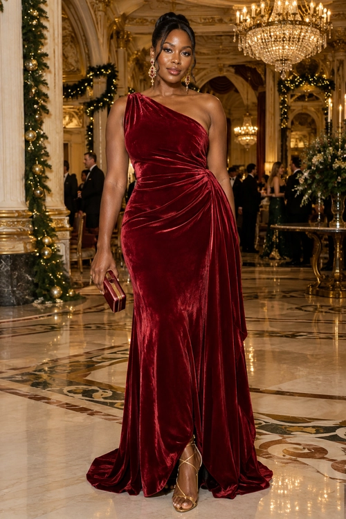 Burgundy Velvet Evening Gown A woman wears a floor-length burgundy velvet one-shoulder gown with gathered draping, gold strappy heels, dangling earrings, and a small matching clutch.