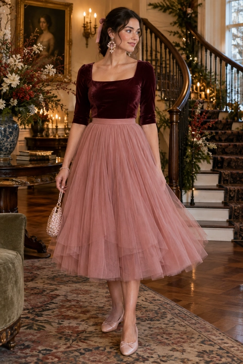 Velvet and Tulle Occasion Outfit A burgundy velvet square-neck top is paired with a dusty rose tulle midi skirt, pale pink flats, floral drop earrings, a pink hair ribbon, and a small beaded handbag.